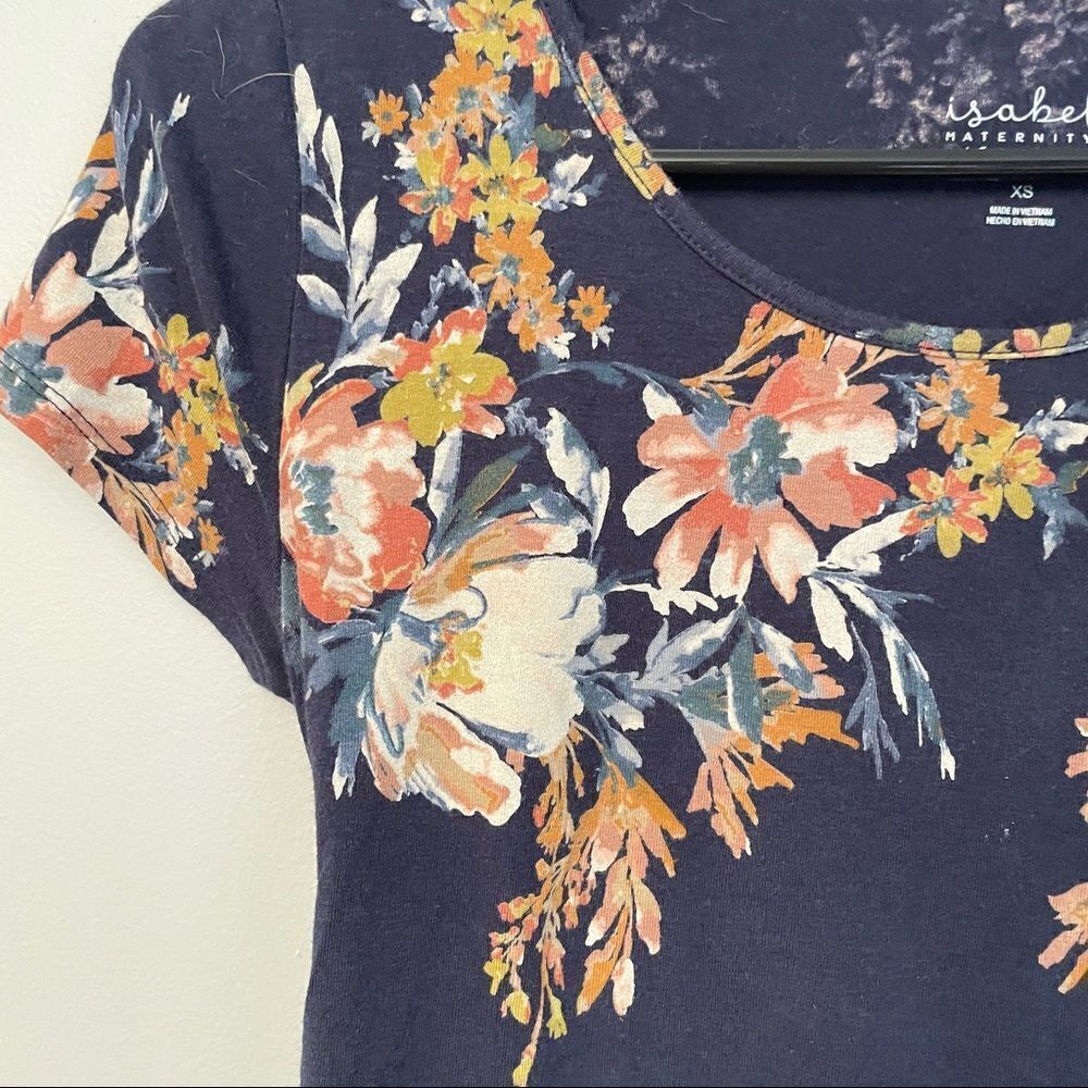 Navy Floral Short Sleeve T-Shirt Ruched Side Midi Maternity Dress - XS - Picture 4 of 8